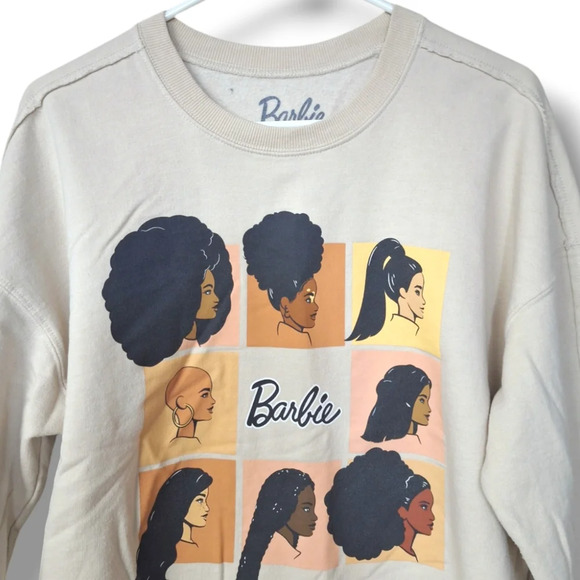 Barbie Womens Cropped Sweatshirt Long Sleeve Graphic Hairstyles Oatmeal Color - Picture 6 of 12